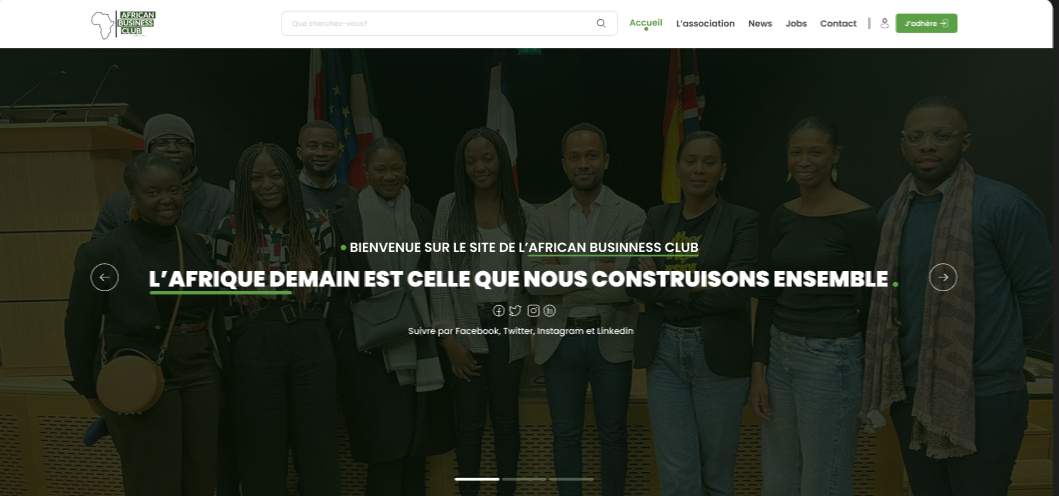 Interface d’African Business Club montrant les activités et pôles du réseau